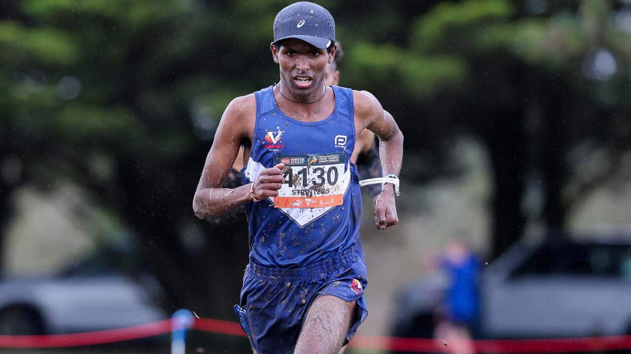 Haftu Strintzos take out the big win in tough conditions at the Australian Athletics Cross Country Championships, Ballarat, Victoria, August 2026