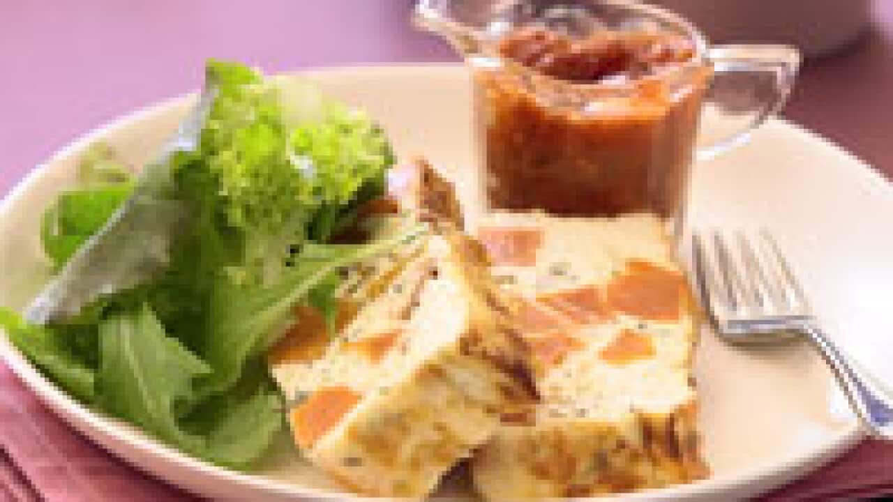 Sweet potato and ricotta terrine with spicy tomato sauce