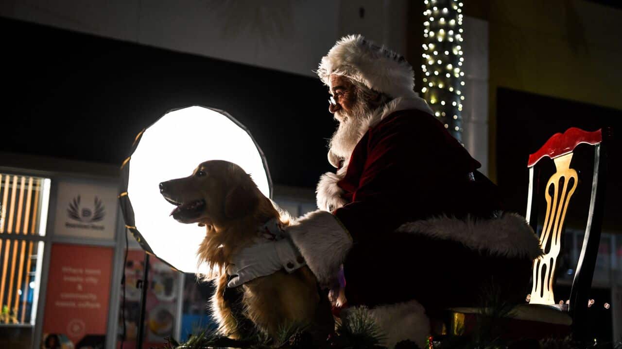 A dog poses for a picture with Santa Claus at a shopping centre in Miami, on December 8, 2020. (Photo by CHANDAN KHANNA / AFP) (Photo by CHANDAN KHANNA/AFP via Getty Images)