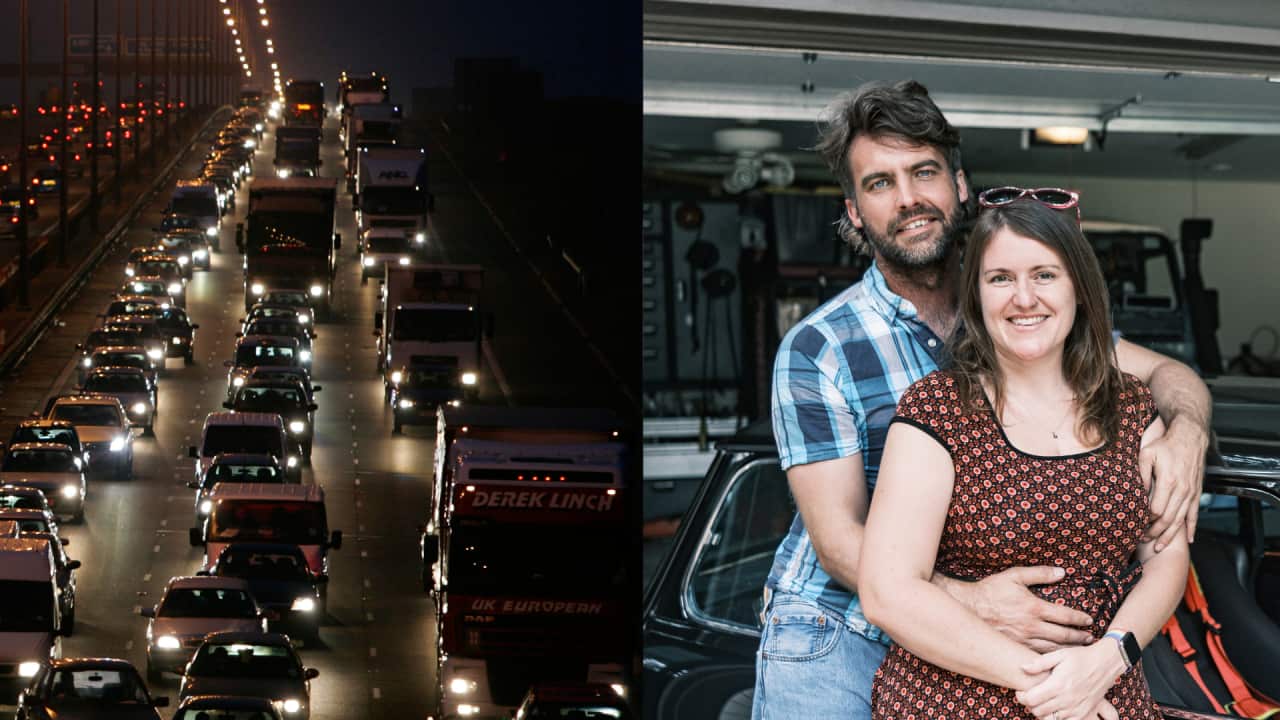 A composite diptych image showing a traffic jam on the left side and a man embracing a woman from behind on the right.