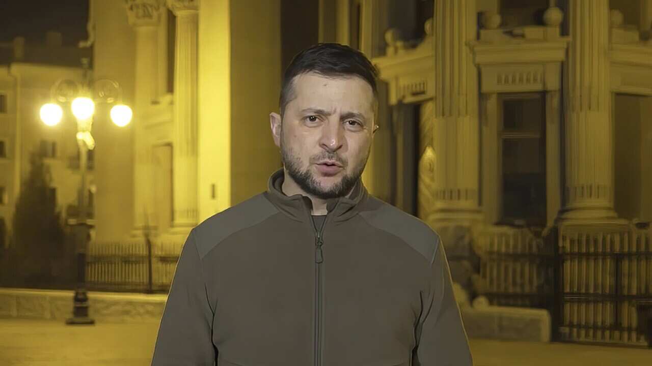 An image from video provided by the Ukrainian Presidential Press Office of President Volodymyr Zelenskyy speaking from Kyiv, Ukraine, early Saturday, 18 March 18, 2022.
