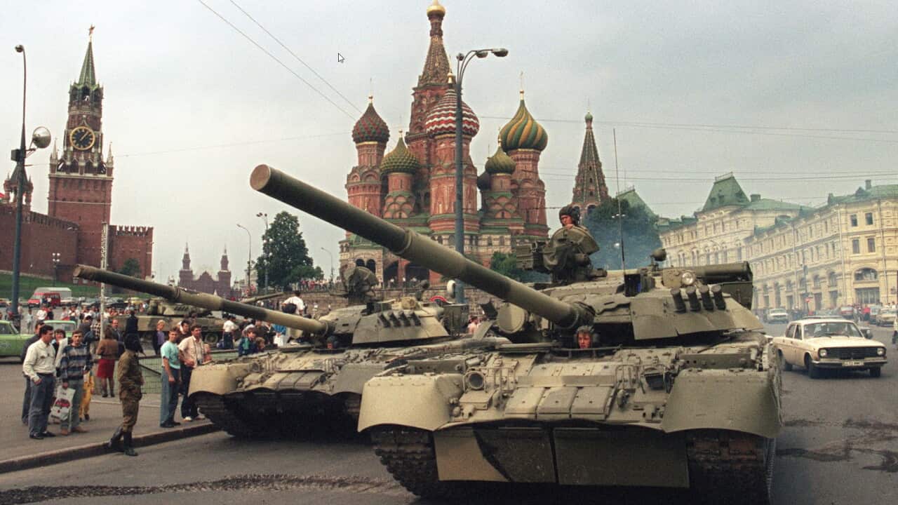 Soviet Army tanks parked in Moscow’s Red Square after a coup toppled Soviet President Mikhail Gorbachev, 19 August 1991 (Photograph Dima Tanin, AFP, Getty Images)