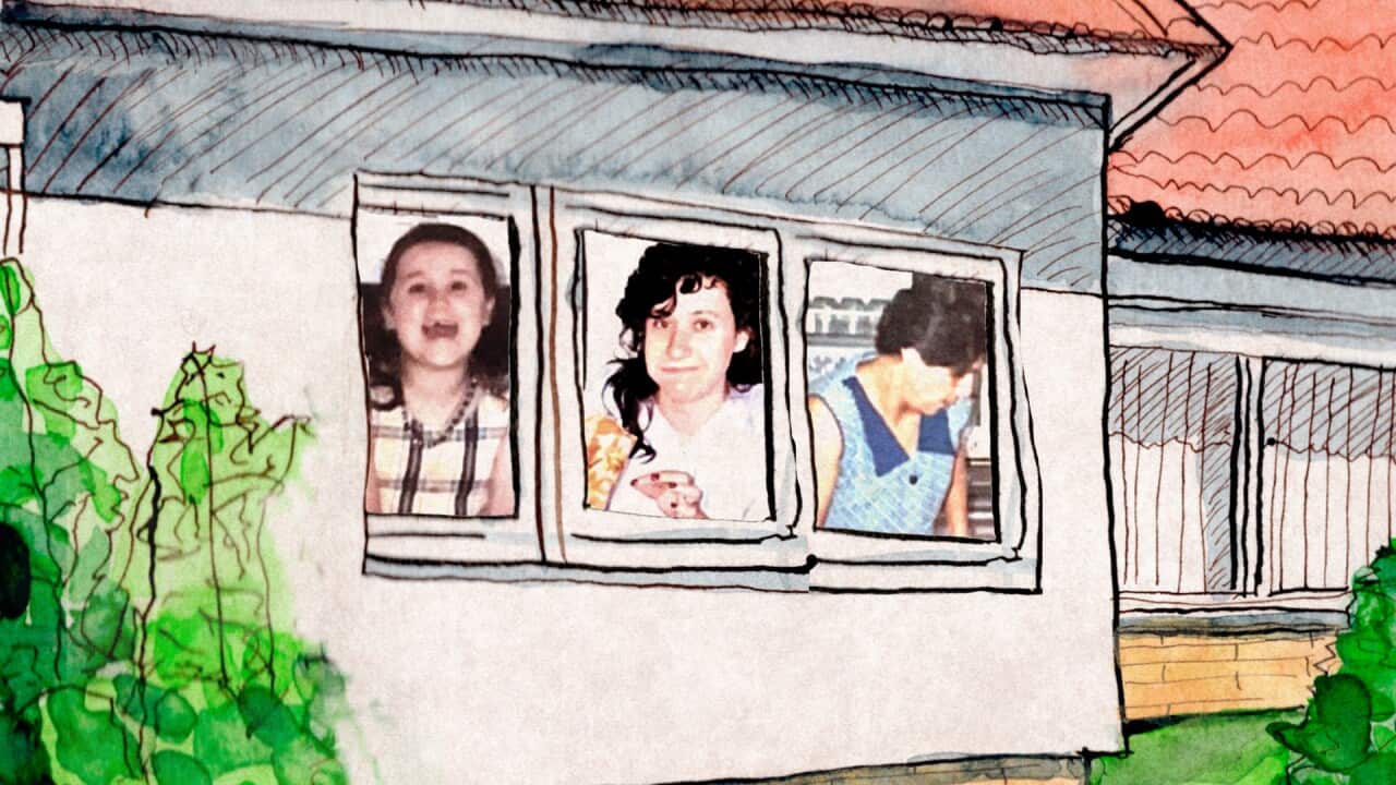 A stylised illustration of a suburban house sketched in soft lines, with three windows — each framing a portrait: a young girl, a middle-aged woman, and an elderly woman.