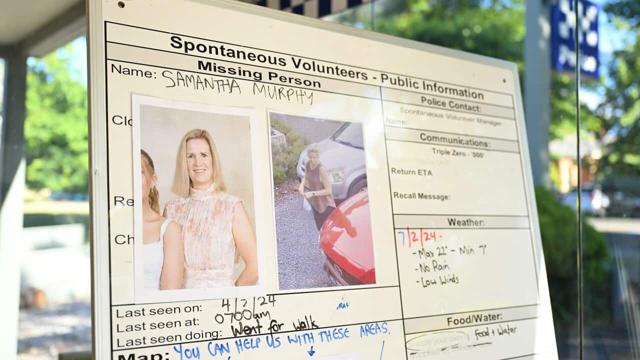 A missing person poster with a photo of a blonde woman and information about her.
