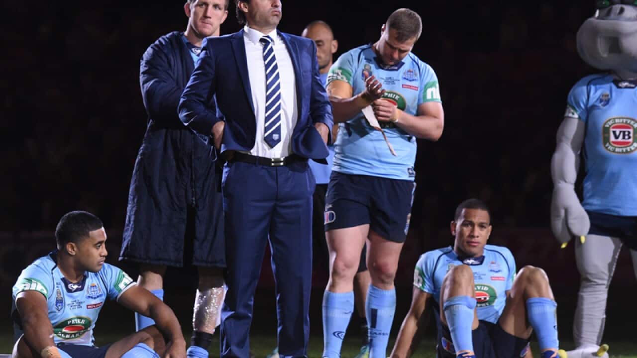 NSW Blues players and coach Laurie Daley