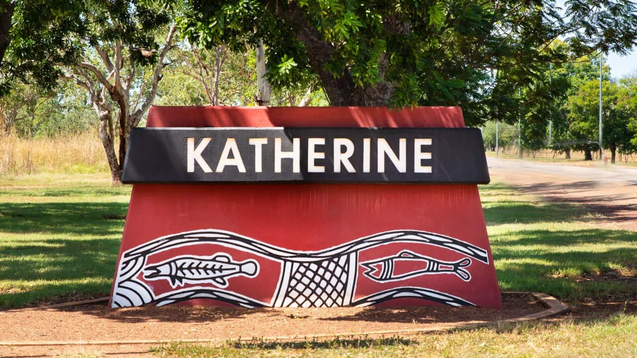 The welcome sign to Katherine, a town located southeast of Darwin, Northern Territory, Friday, April 23, 2021.