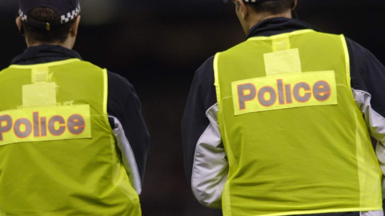 Police keep watch during the Western Bulldogs v Geelong AFL game at the Telstradome in Melbourne, Sunday, July 23, 2006. (AAP Image/Martin Philbey) NO ARCHIVING