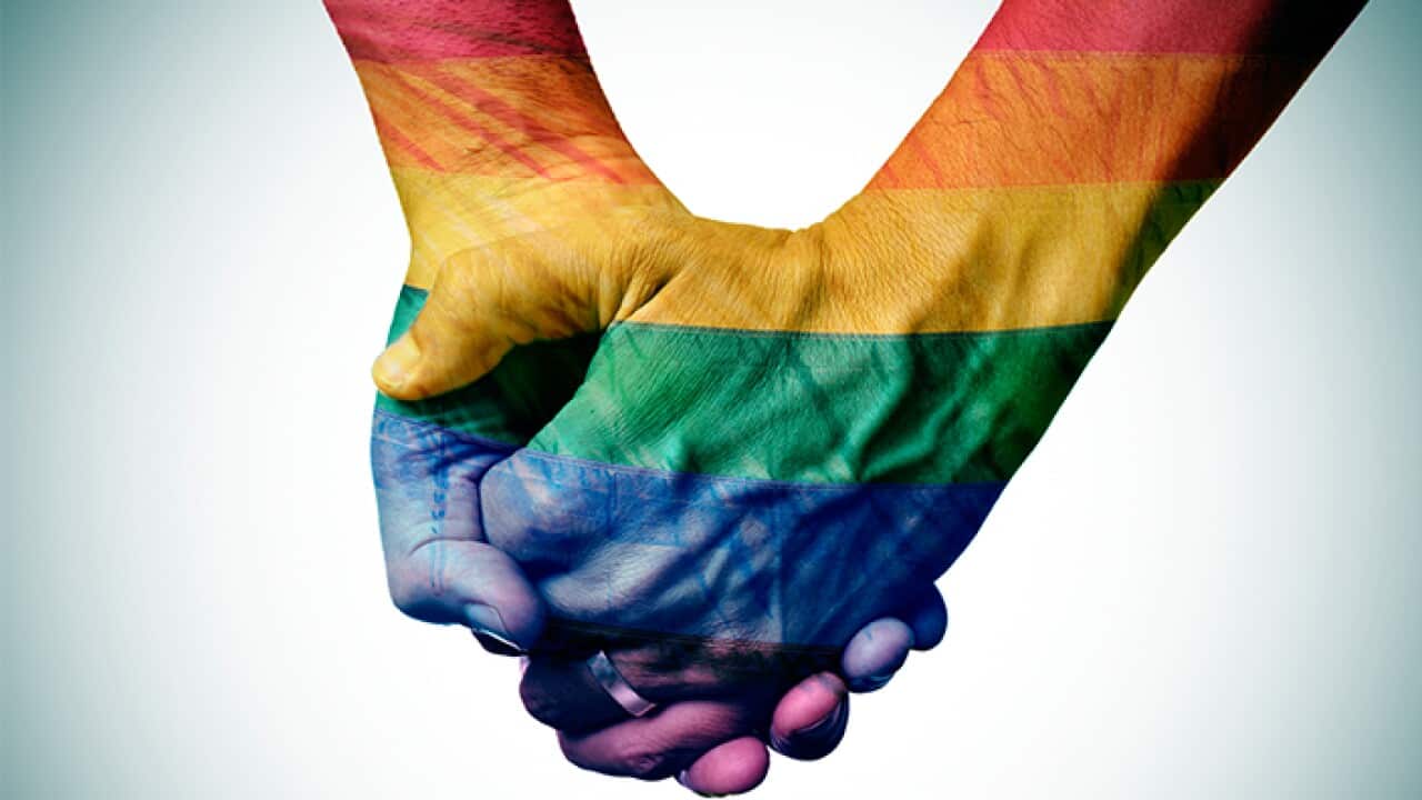 gay couple holding hands, patterned as the rainbow flag