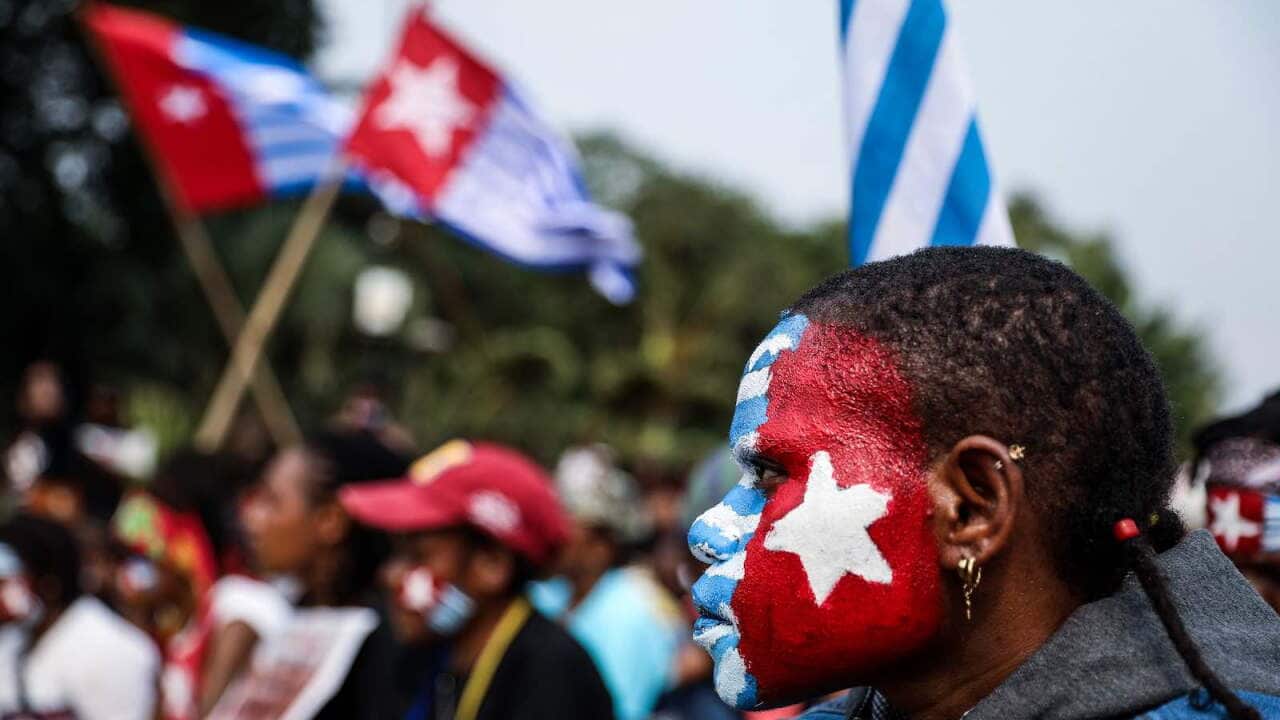 People demonstrating in Jakarta in 2019 about the future of Papua.