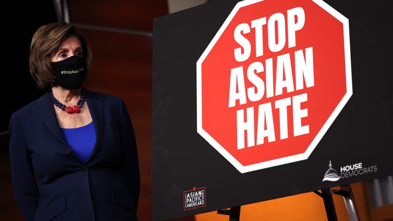 Speaker of the House Nancy Pelosi attends a press conference with members of the Asian Pacific American Caucus on the COVID-19 Hate Crimes Act on 18 May, 2021.