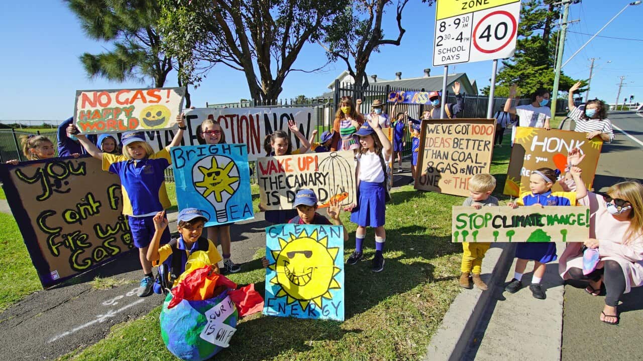 Illawara school students gather holding signs protesting renewable energy.