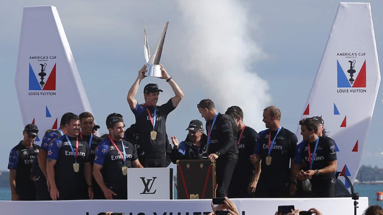 Team New Zealand celebrate after winning the America's Cup playoffs