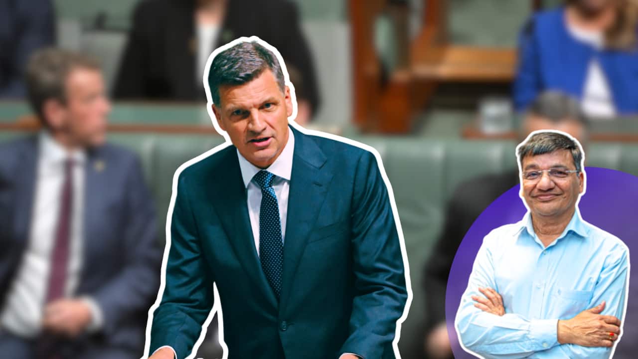 Leader of the Opposition Angus Taylor delivers his 2026-27 Budget Reply speech (AAP) - Inset Dr Rakesh Gupta CDU.png