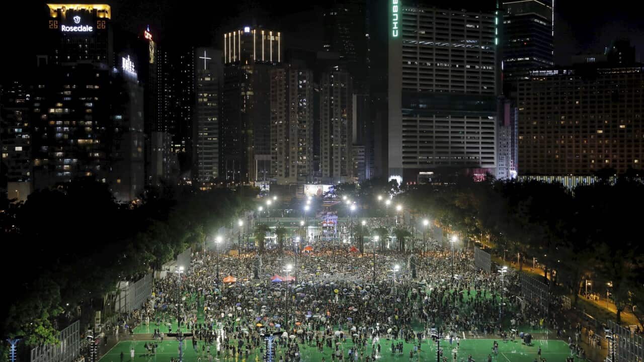 Protesters attend a rally at Victoria Park in Hong Kong, Sunday, Aug. 18, 2019.