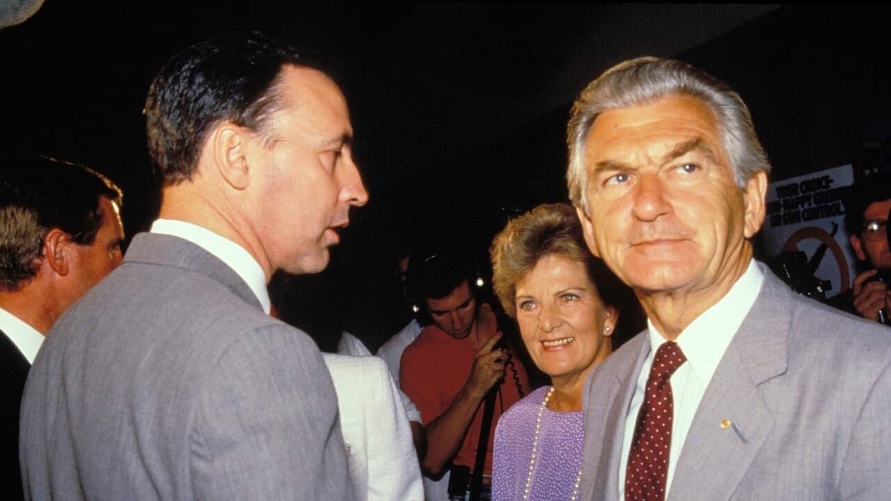 Former PM Bob Hawke with wife Hazel, and Paul Keating in Sydney in 1988.