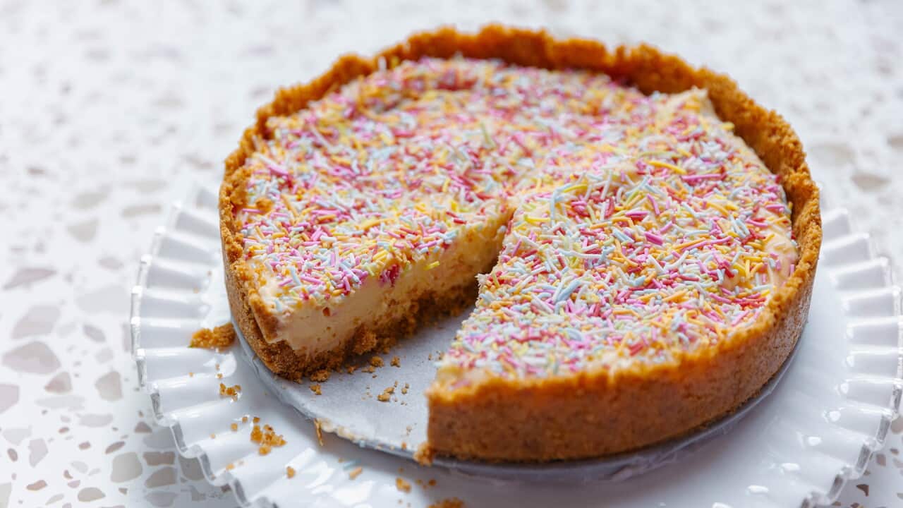 Funfetti cheesecake is topped with colourful sprinkles.