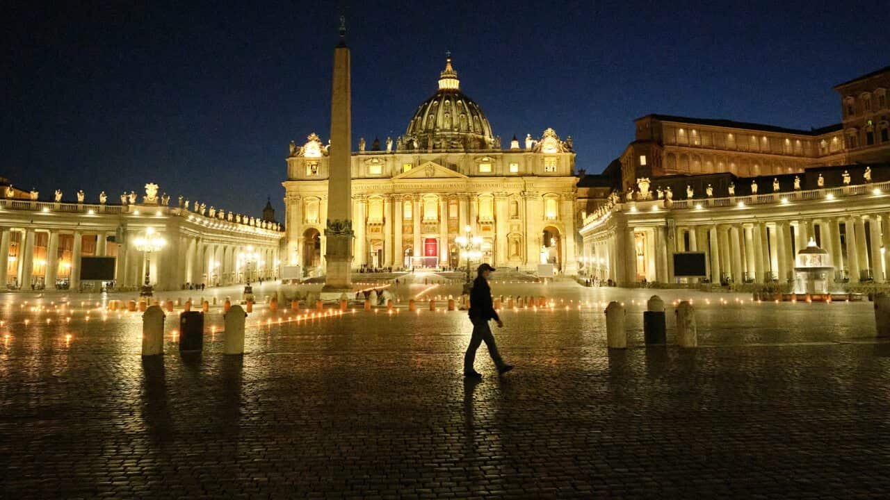 A quiet St Peter's Square ahead of Easter in Rome, Italy.