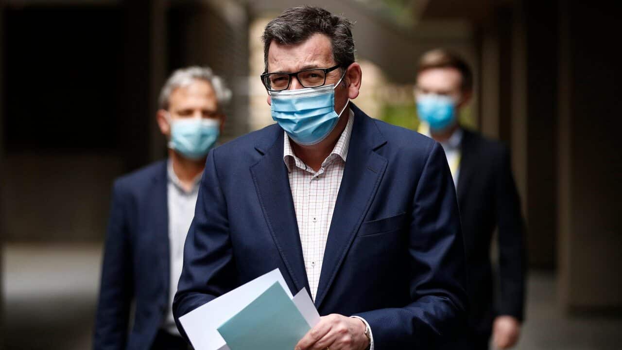 Victorian Premier Daniel Andrews arrives at a press conference in Melbourne, Tuesday, August 31, 2021.