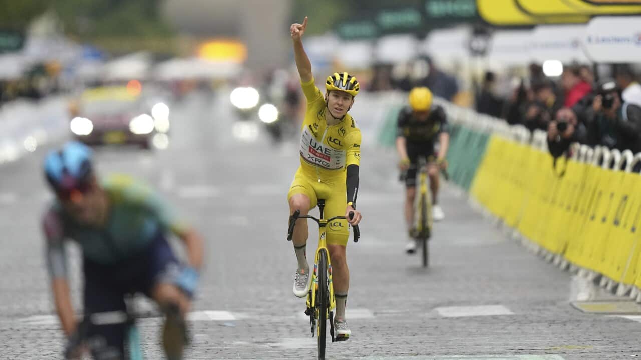 A cyclist in the yellow cycling kit raises one hand in victory with other cyclists around him on the track.