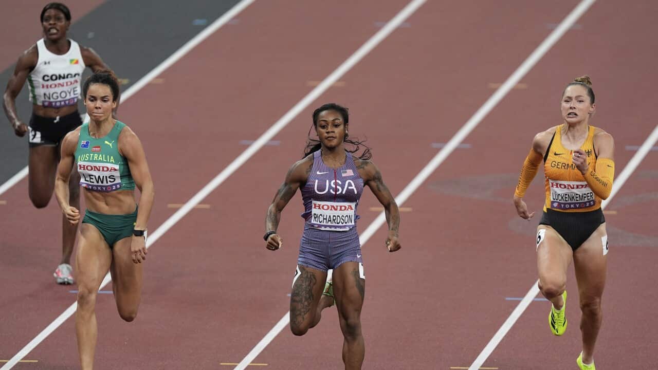 United States' Sha'Carri Richardson, center, Australia's Torrie Lewis, second left, Germany's Gina Lueckenkemper, right, and Republic of Congo's Natacha Ngoye in a women's 100 meters heat