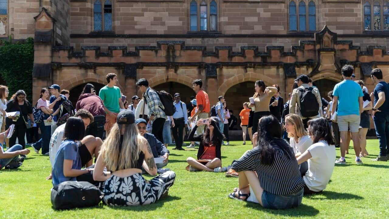 University of Sydney students sit on a lawn on campus.