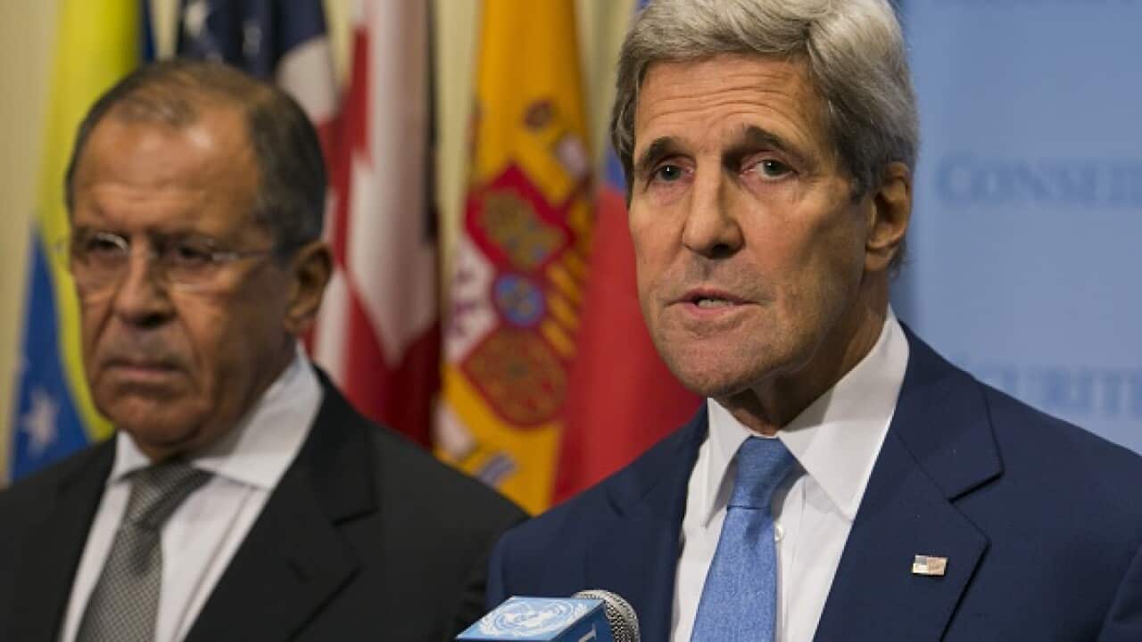 United States Secretary of State John Kerry and Russia Foreign Minister Sergey Lavrov speak to the media after a meeting concerning Syria at the United Nations headquarters in New York (DOMINICK REUTER/AFP/Getty Images)