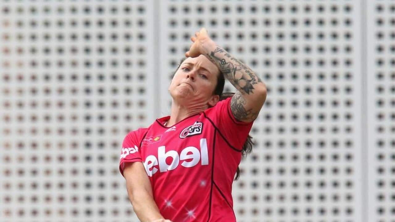 Sarah Coyte of the Sixers bowls during the Womens Big Bash League.