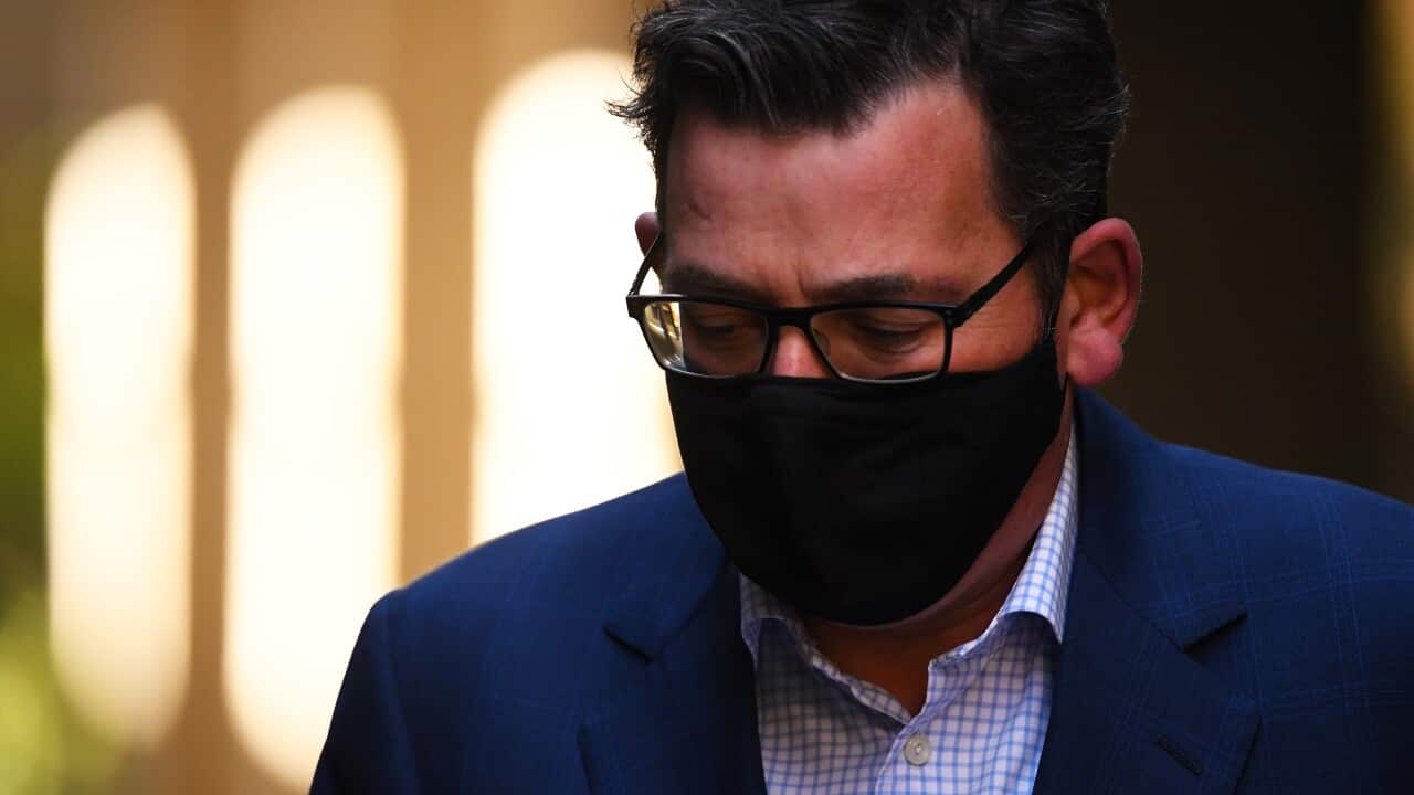 Victorian Premier Daniel Andrews arrives to a press conference in Melbourne, Friday, August 21, 2020. Victoria has recorded 179 new cases of coronavirus and nine deaths in the past 24 hours. (AAP Image/James Ross) NO ARCHIVING