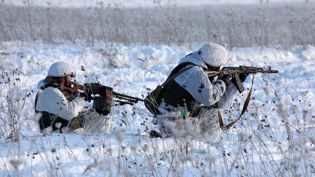 Russian soldiers take part in a military drills in Siberia, Russia.