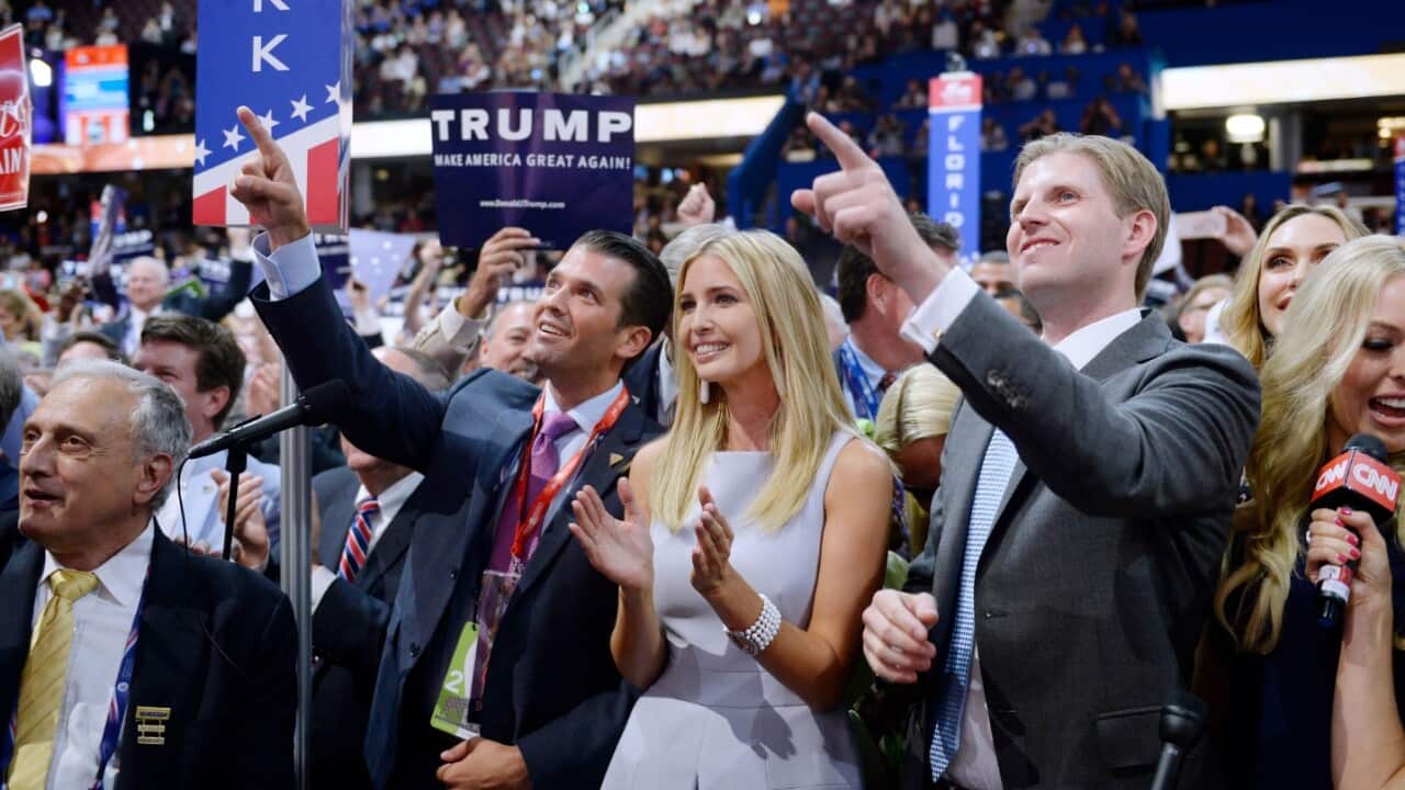 Republican Presidential Candidate Donald Trump's children Donald Trump, Jr, Ivanka Trump, Eric Trump celebrate at the convention