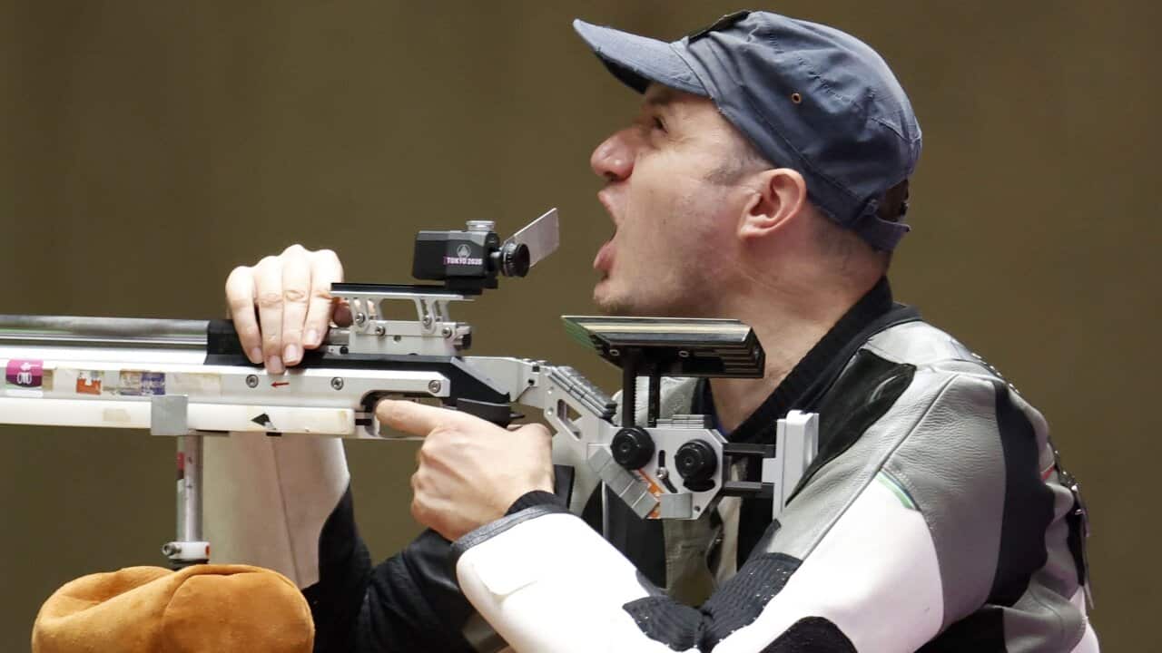 Dragan Ristic of Serbia reacts after winning the mixed 10-meter air rifle prone SH2 final at the Tokyo Paralympics on Sept. 1, 2021, at Asaka Shooting Range in Tokyo. (Kyodo via AP Images) ==Kyodo
