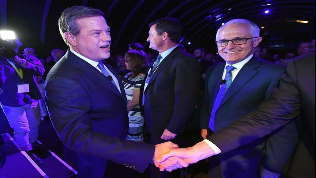 Tim Nicholls with prime minister Malcolm Turnbull at the LNP launch.