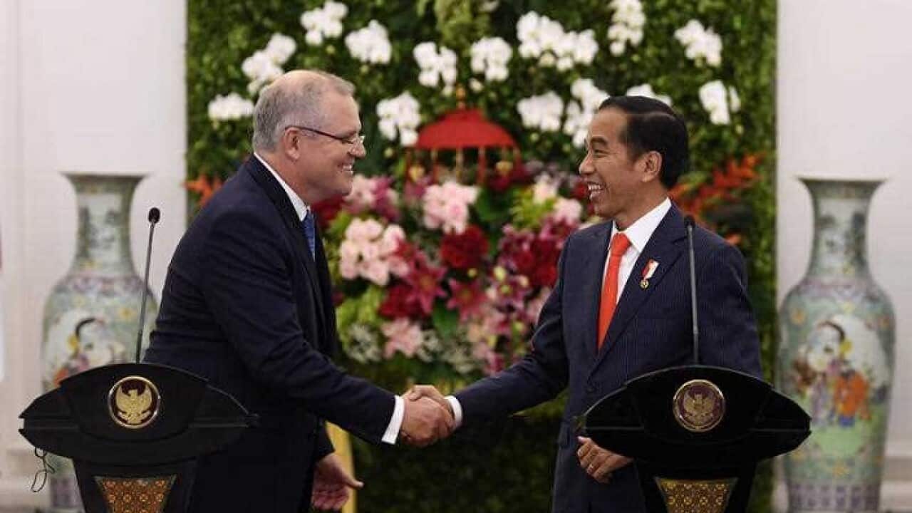 Australian Prime Minister Scott Morrison and Indonesian President Joko Widodo shake hands at Bogor Presidential Palace near Jakarta