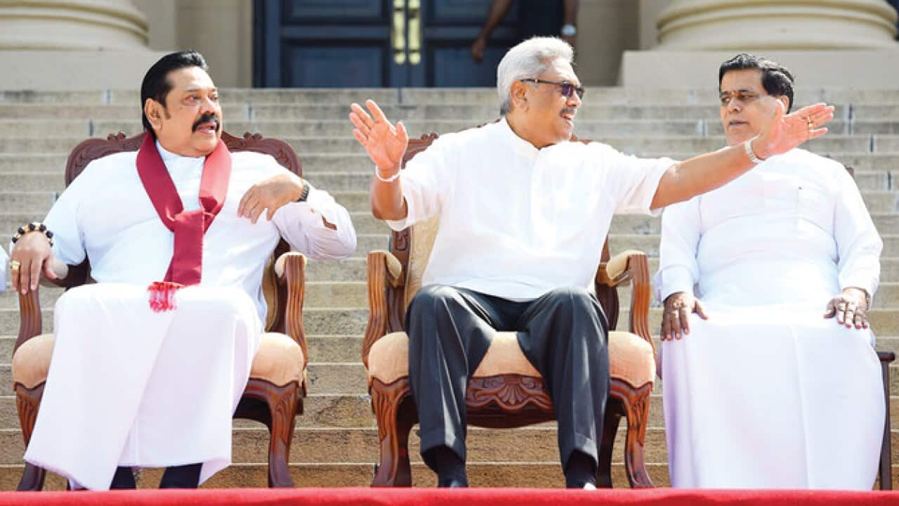 Sri Lanka's new President Gotabaya Rajapaksa, with two senior cabinet members.