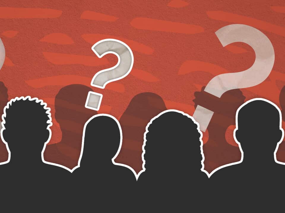 A graphic of silhouetted heads and shoulders with question marks above them.