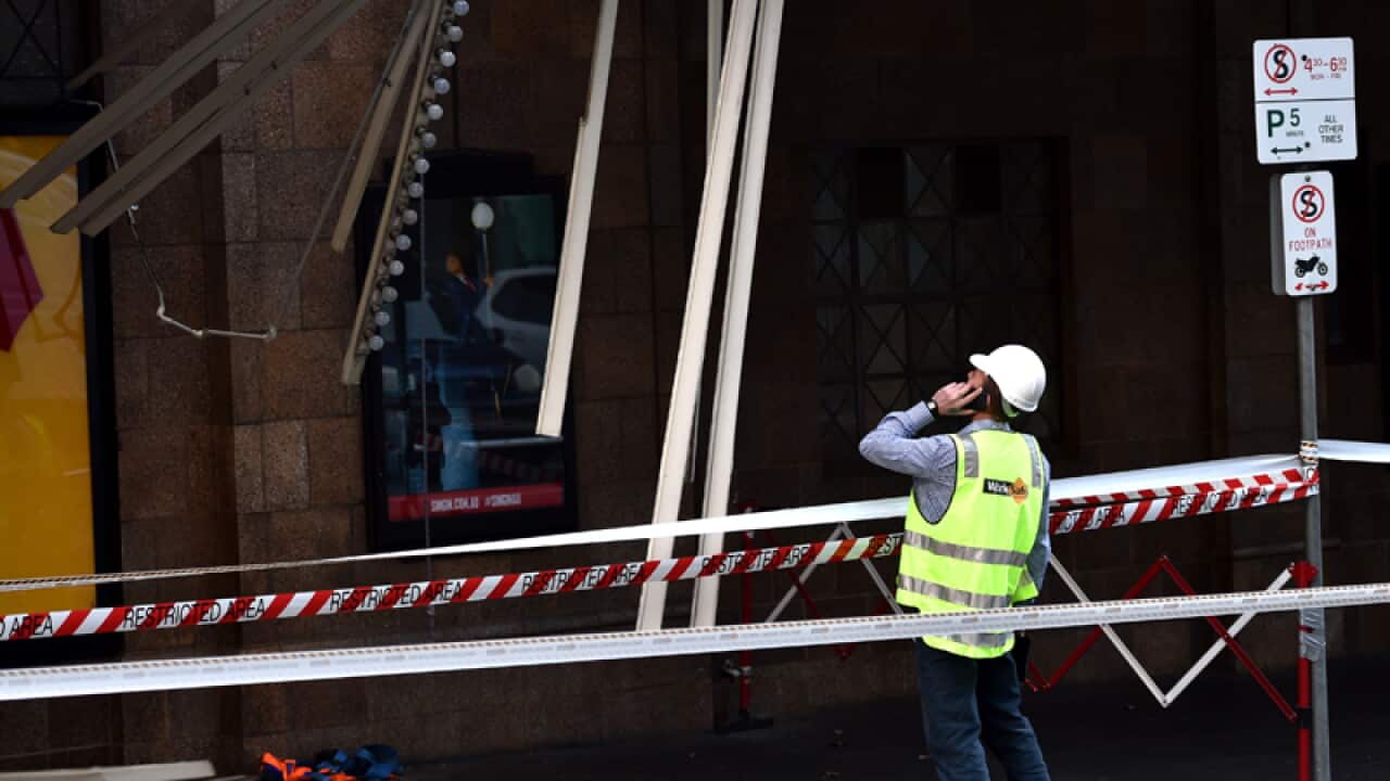 The site of an awning collapse outside Her Majesty's Theatre
