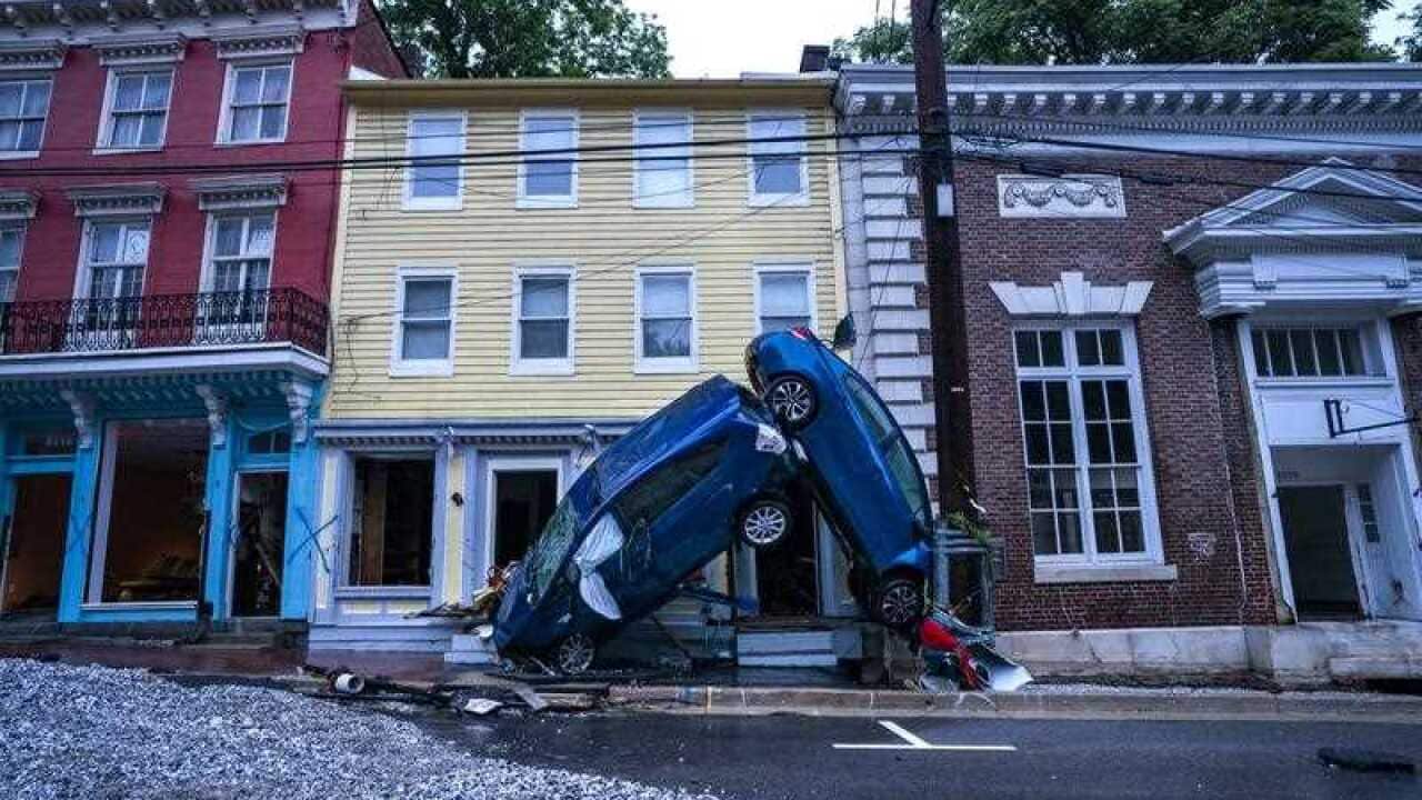 Damage on Main Street after a flash flood rushed through the historic town of Ellicott City, Maryland, USA, 27 May 2018.