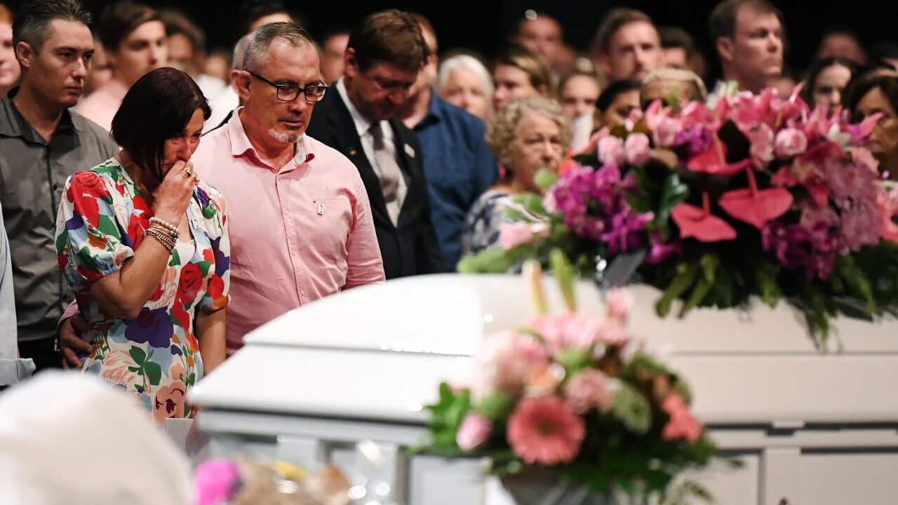 Hannah Clarke's parents Suzanne and Lloyd are seen during the funeral for Hannah and her three children Aaliyah, Laianah and Trey in Brisbane, 9 March, 2020.