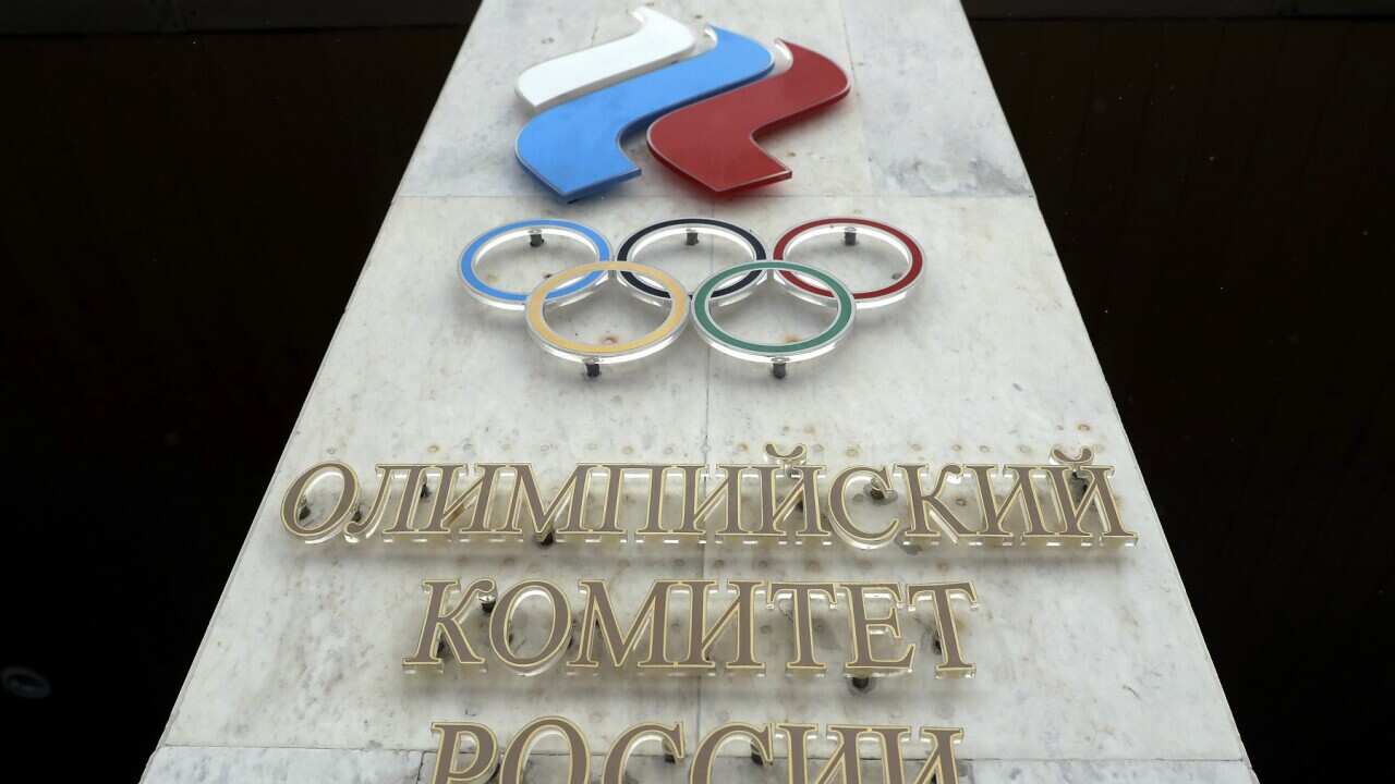 The logo of the Russian Olympic Committee at the entrance of the head office in Moscow