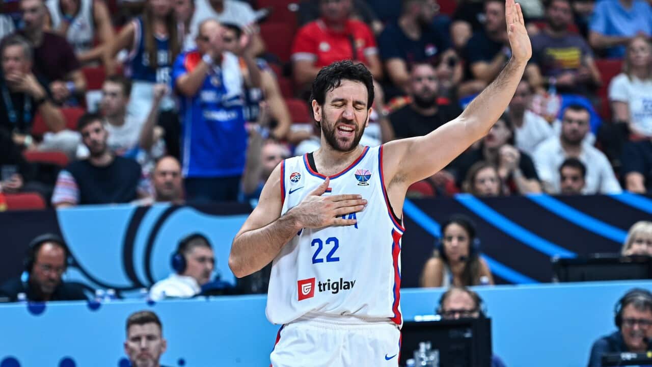 Vasilije Micic of Serbia plays during the FIBA EuroBasket 2025, round of 16 match between Serbia and Finland at Xiaomi Arena on September 6, 2025, in Riga