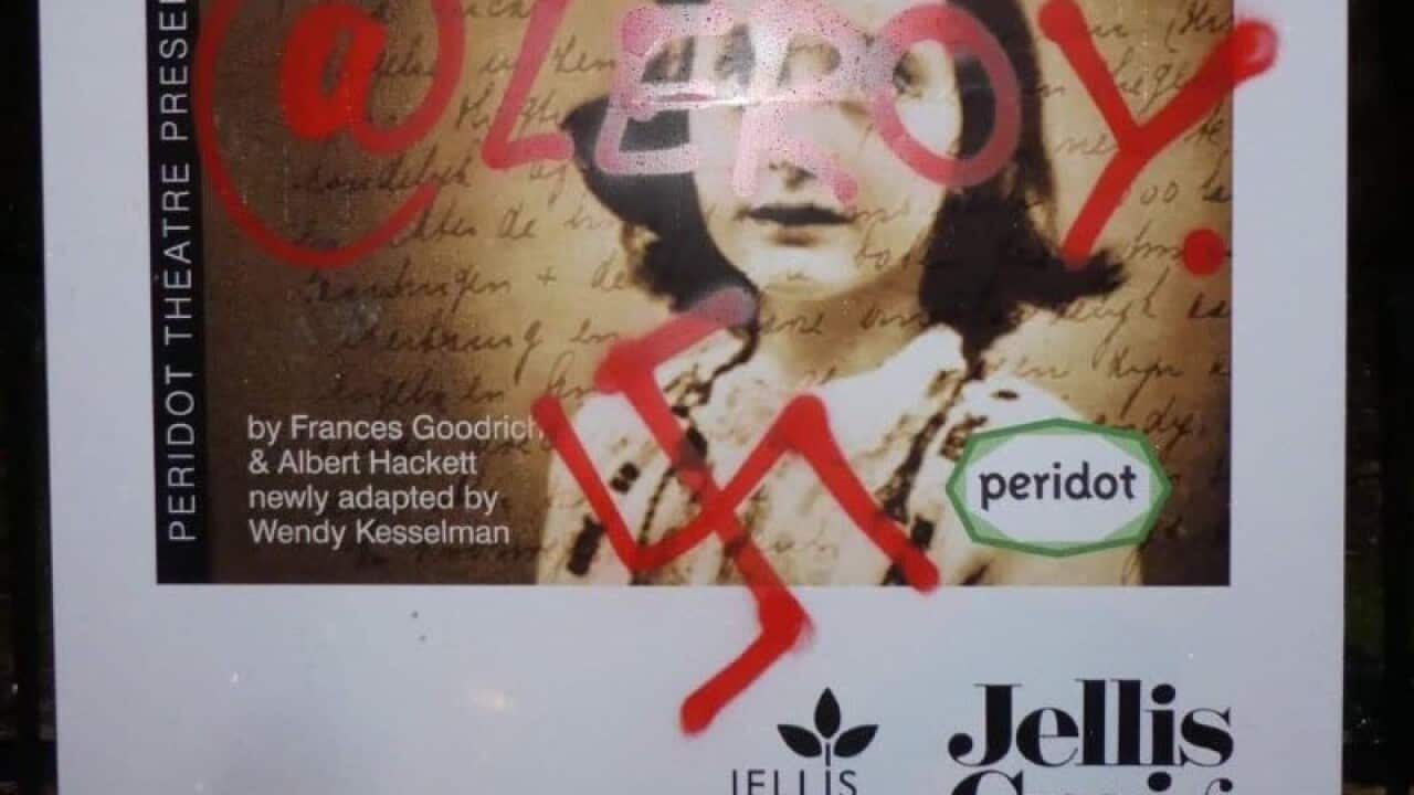 The vandalised sign promoting the Peridot Theatre Company's production of The Diary of Anne Frank.