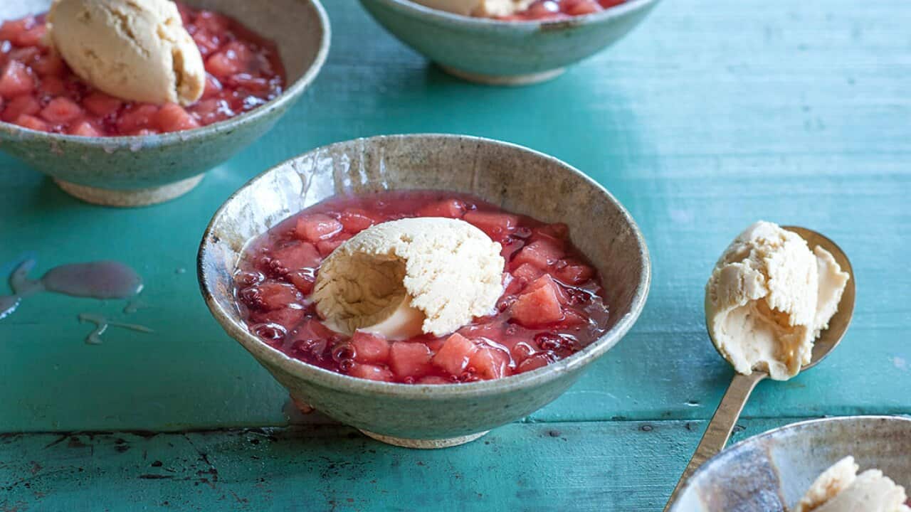 Watermelon in rosewater sauce