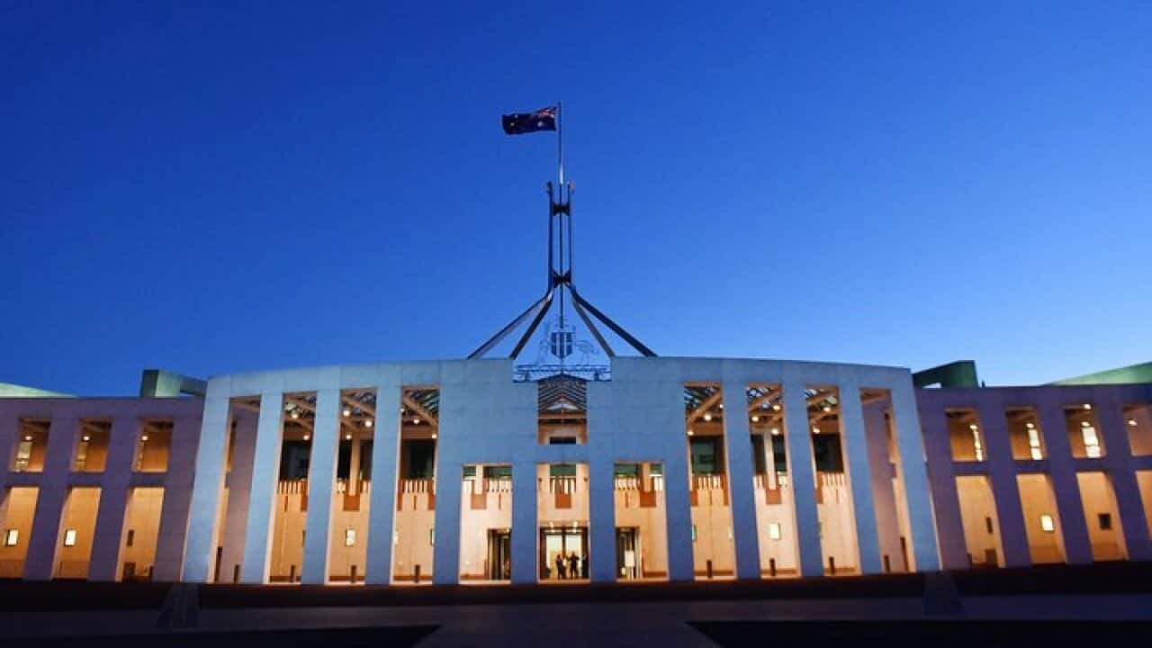 The front entrance of Parliament House in Canberra