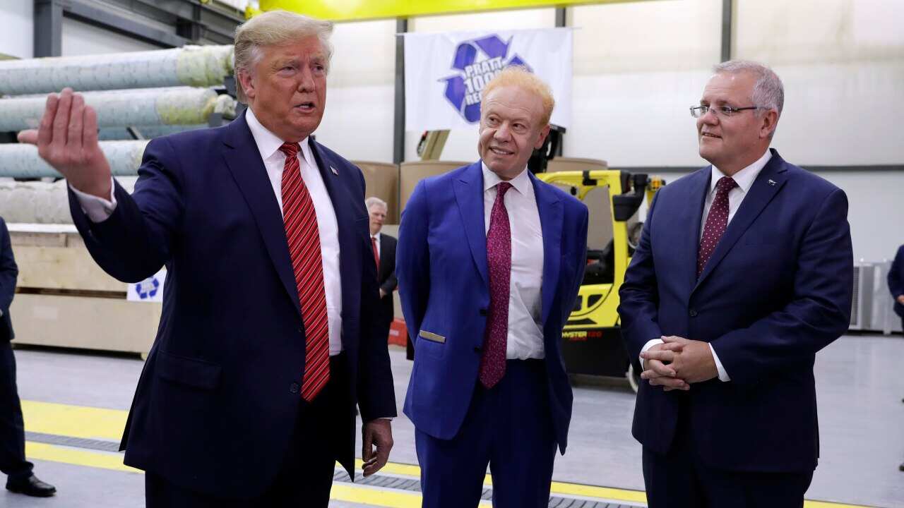 از چپ به راست دانلد ترامپ رئیس جمهور آمریکا، آنتونی پرات تاجر ثروتمند استرالیایی، اسکات موریسون نخست وزیر استرالیا