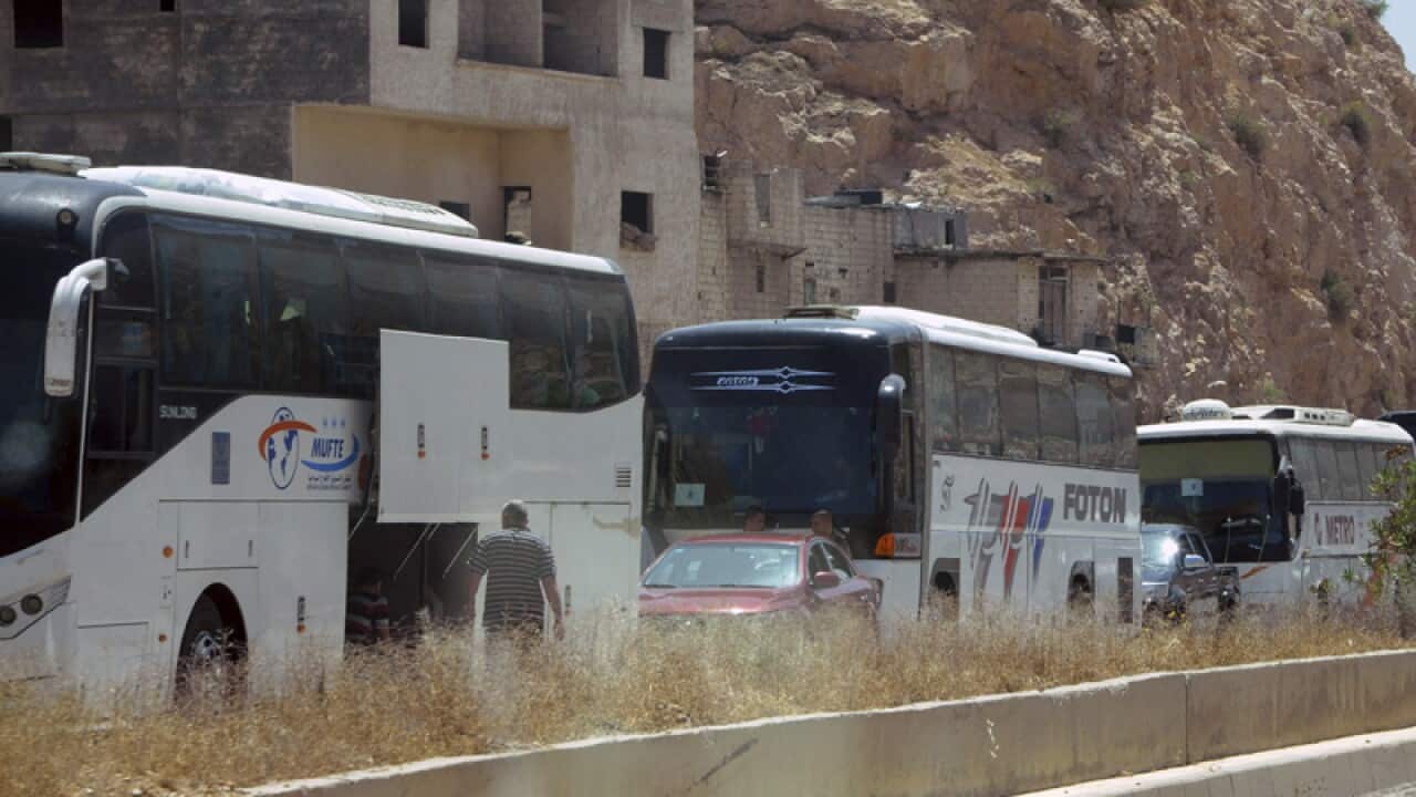 Buses carrying Syrian citizens who were evacuated from Damascus