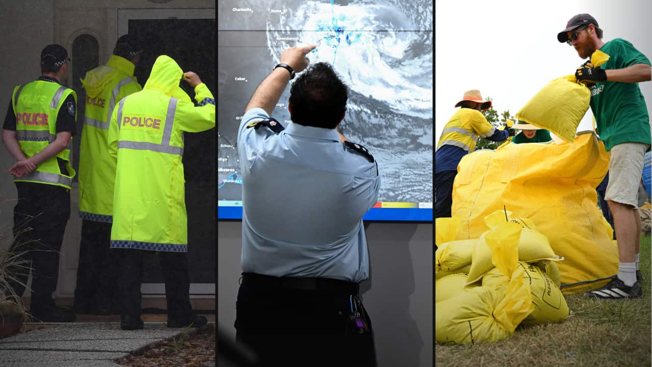 A split image. On the left are police door-knocking a house. In the middle is an emergency service workers looking at a map of Tropical Cyclone Alfred. On the left are people filling sandbags.