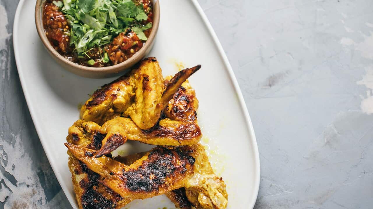 Turmeric coconut chicken with nahm jim jaew
