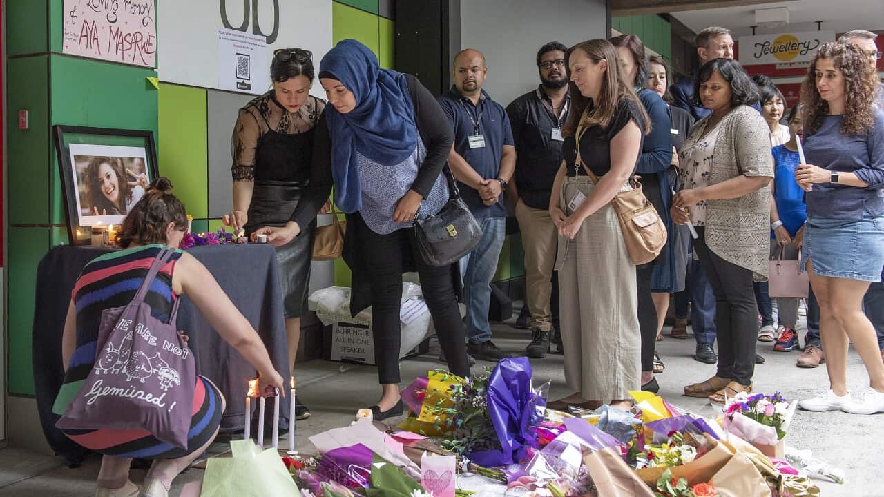 A gathering at Latrobe University to pay tribute to international student Aiia Maasarwe who was studying there before she was murdered