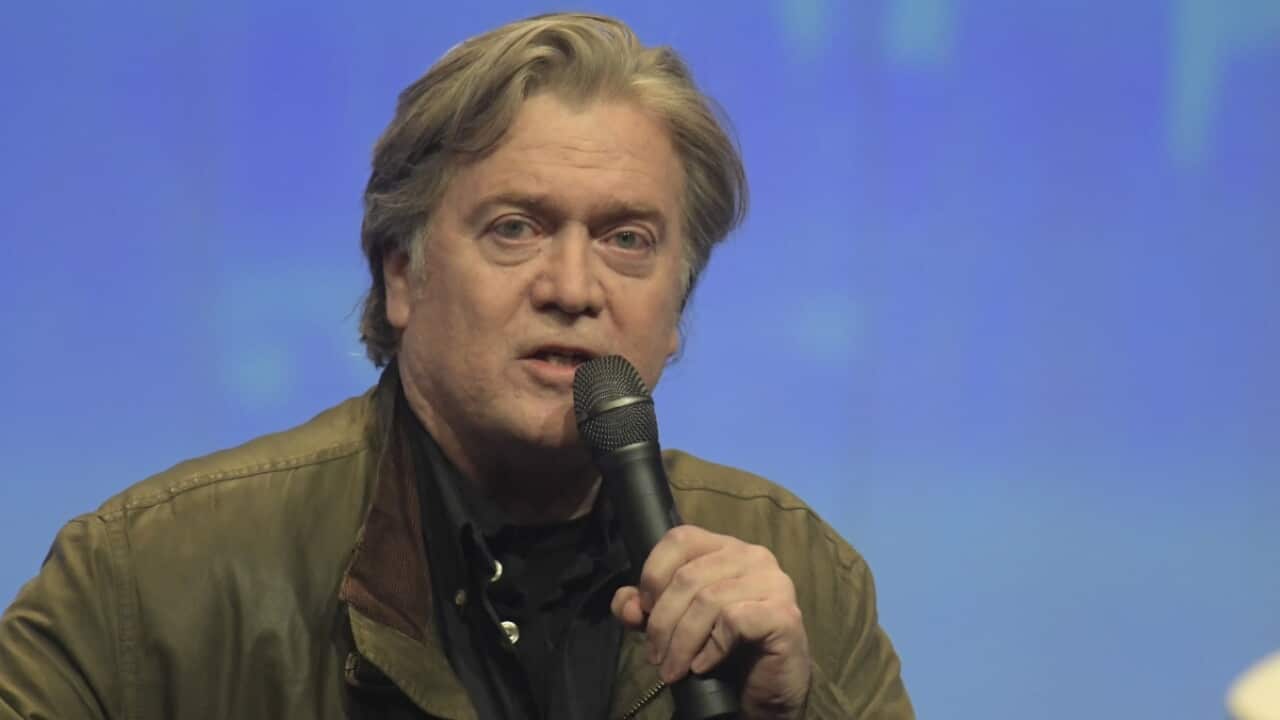 Former U.S. President Donald Trump advisor Steve Bannon speaks during a press conference