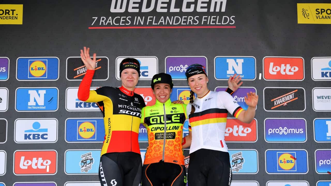 Jolien D'Hoore (L), Marta Bastianelli (C) and Lisa Klein (R) celebrate on the podium of the 2018 Gent-Wevelgem (Getty)